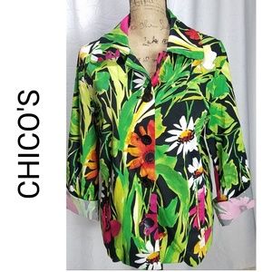 Floral Tropical Front Button Collar Top Sz 2